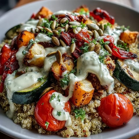 Golden roasted vegetables with oregano and paprika rest on fluffy quinoa in this nourishing Roasted Vegetable Quinoa Bowl.