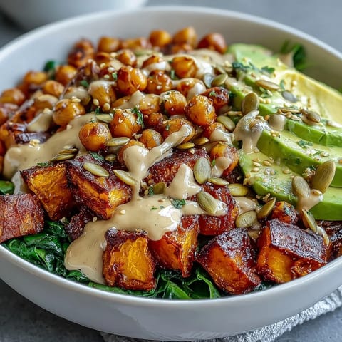 Golden roasted sweet potatoes and crispy chickpeas piled high in a white bowl for a healthy vegetarian meal.