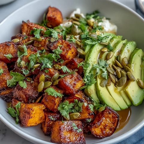 Golden roasted sweet potato cubes, creamy avocado slices, and cottage cheese, all drizzled with spicy-sweet hot honey in a bowl.