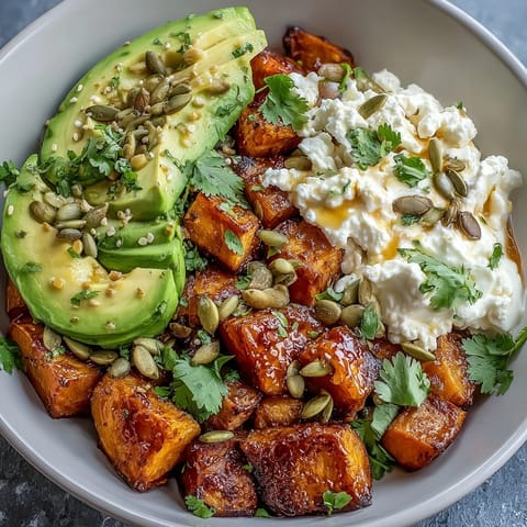 Freshly chopped cilantro and toasted pumpkin seeds garnish this vibrant, nourishing Hot Honey Sweet Potato Bowl meal.