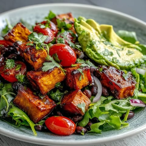 Roasted sweet potatoes and black beans in a bowl with avocado and fresh salsa, drizzled with zesty lime dressing.