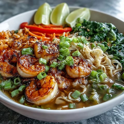 Steaming bowl of Asian Noodle Bowl with Shrimp and Scallops, featuring tender seafood and crisp vegetables in a savory broth.