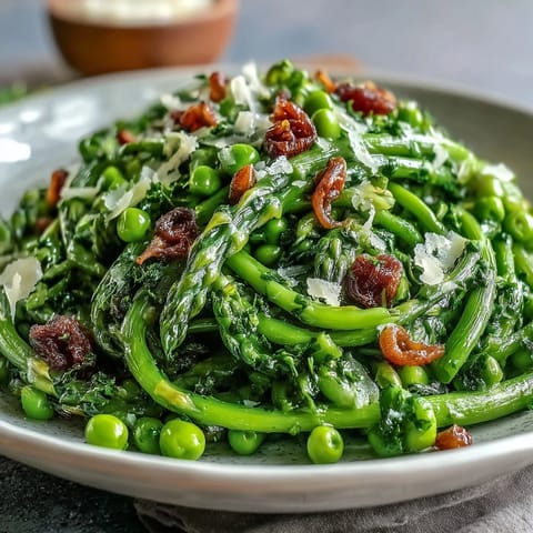 Fresh shaved asparagus and pea salad with lemon dressing, topped with Parmesan and toasted pine nuts for a bright, crisp spring side dish.