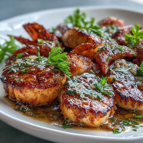 1. Golden seared scallops bathed in a bright lemon butter sauce, served with fresh parsley and lemon wedges.
