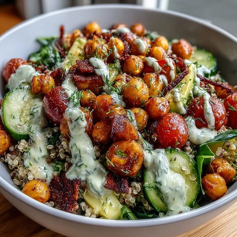 Vibrant Lemon Vinaigrette Grain Bowls with roasted chickpeas, fresh vegetables, and creamy avocado, drizzled with zesty citrus dressing.