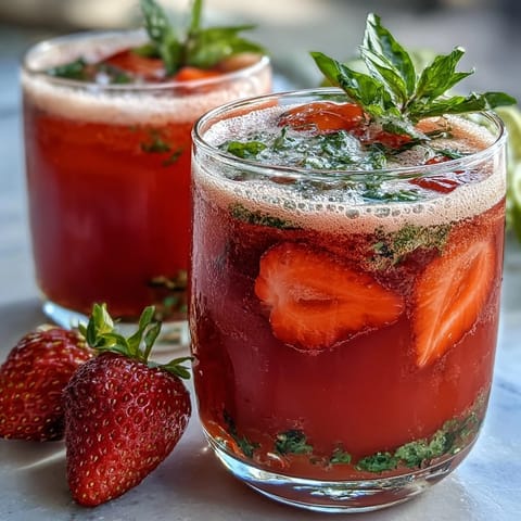 Refreshing pitcher of strawberry basil lemonade mocktail with vibrant red strawberries, fresh green basil, and ice cubes, perfect for summer entertaining.