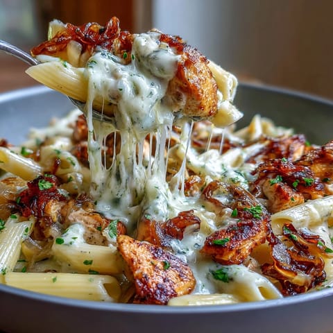Creamy One-Pot French Onion Chicken Pasta with golden caramelized onions and melted Gruyère cheese.