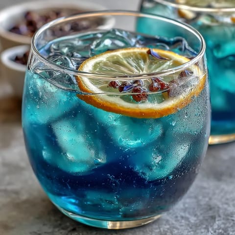 A vibrant blue lemonade transforms to purple when citrus meets butterfly pea flower infusion in this magical drink.