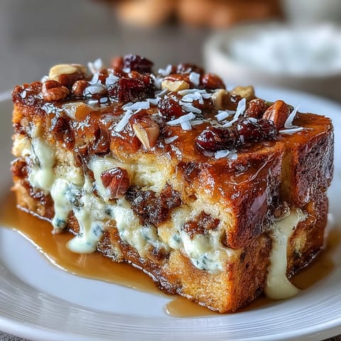 A warm, comforting Capirotada Mexicana with toasted bread, sweet piloncillo syrup, and melted cheese, perfect for Lent.