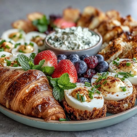Festive Easter brunch board with deviled eggs, fresh fruit, and pastries arranged for a colorful, shareable spread.