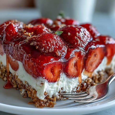 Vibrant Memorial Day Strawberry Pretzel Salad Dessert with juicy strawberries and creamy filling.