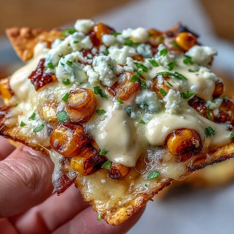 Crispy tortilla chips topped with charred corn and creamy chipotle flavor are ready for serving.