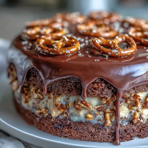 Rich chocolate cake layered with peanut butter filling and pretzel crunch.