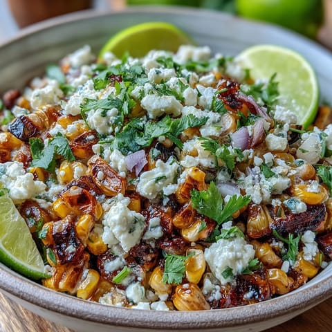 Creamy, zesty Mexican Street Corn Salad featuring grilled corn and fresh spices.