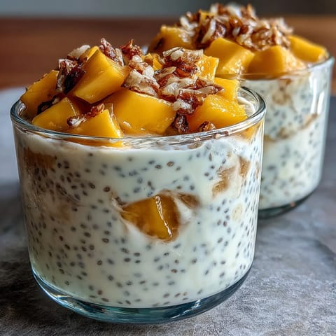 Delicious Skyr Protein Chia Pudding topped with fresh mango and crunchy nuts.