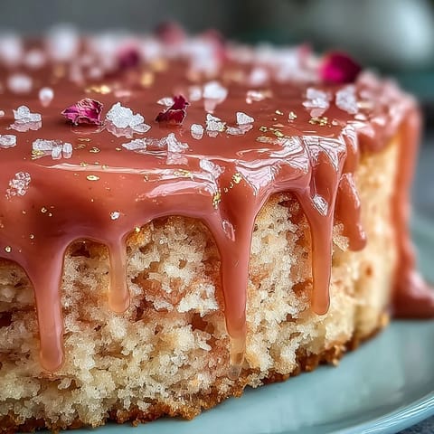 A pink rosé velvet cake, adorned with decadent gold drip, ready to celebrate.