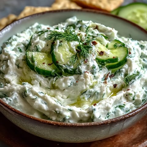 Creamy Skyr Tzatziki Dip with fresh cucumber, dill, and a lemon herb swirl.