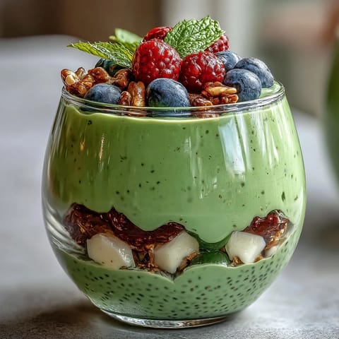 Creamy avocado chia pudding parfait layered with fresh berries and crunchy granola.