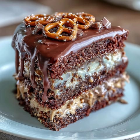 Father's Day Chocolate Peanut Butter Pretzel Cake with decadent ganache drips.