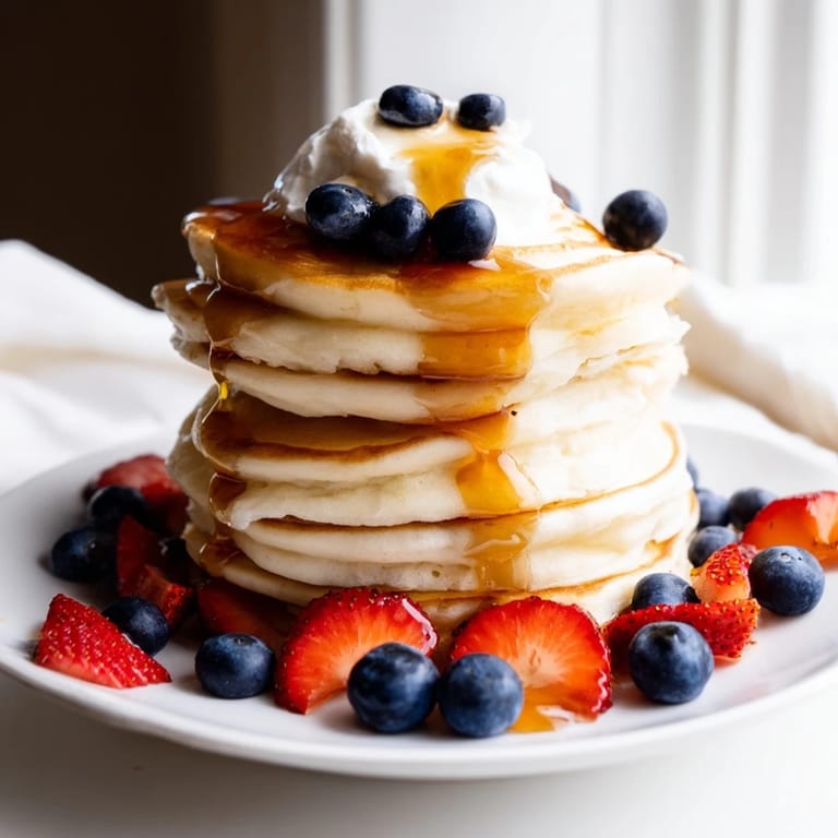 A perfect stack of silver dollar pancakes, fluffy, warm, and inviting with fresh berries on top.