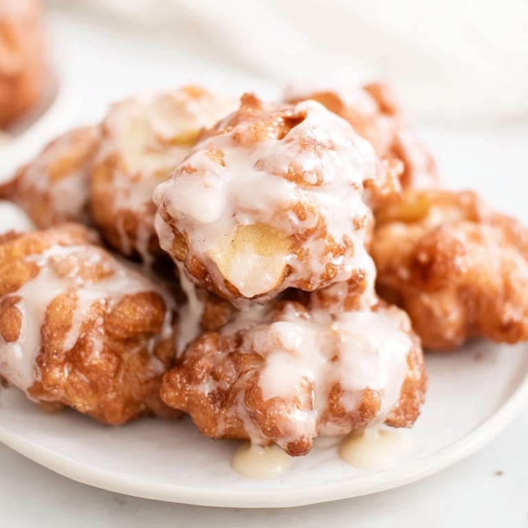 Warm, freshly fried Apple Fritters, the perfect American dessert, served with a dusting of powdered sugar.