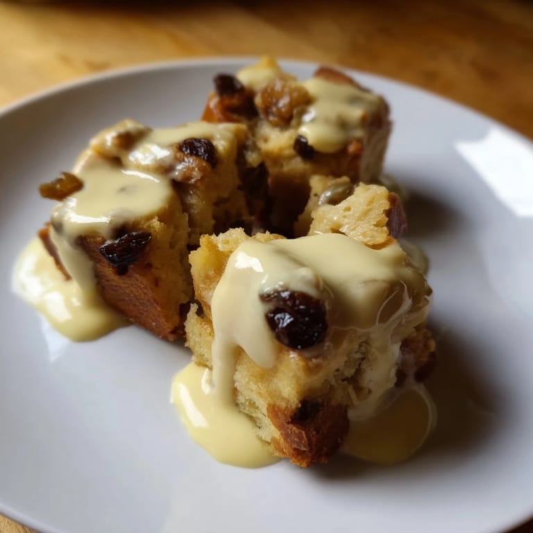 Delicious bread pudding dessert, a comforting baked treat ready to serve with a simple, sweet sauce.