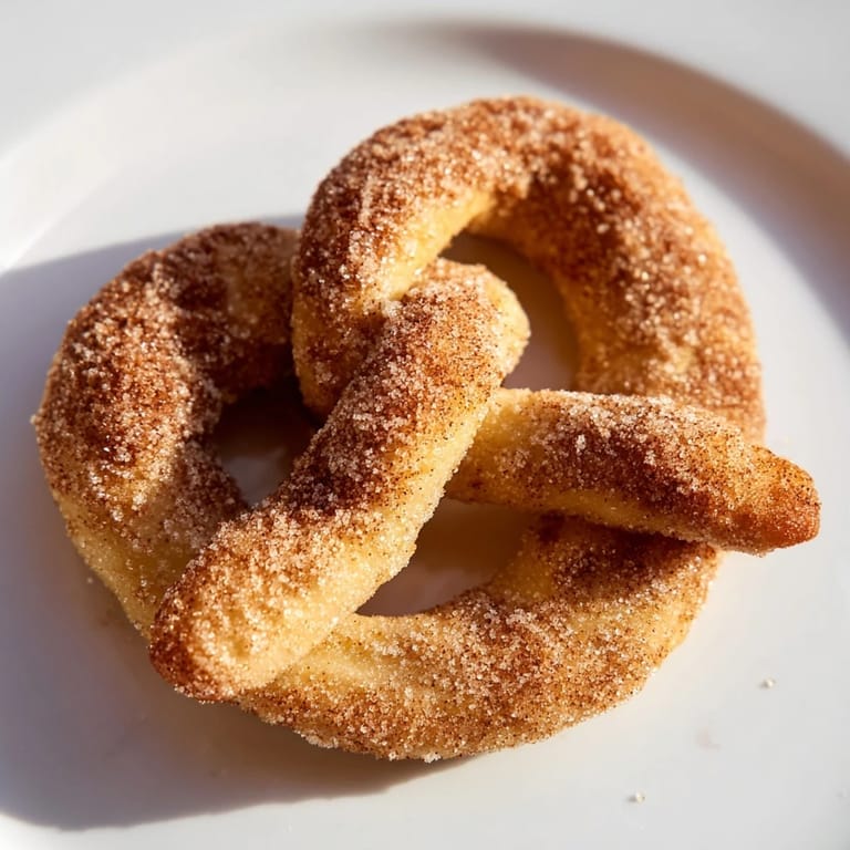 A close-up of warm, beautifully coated cinnamon sugar pretzels, a delicious dessert treat.