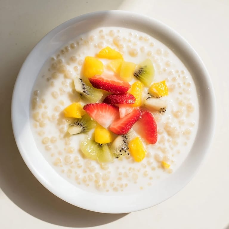 A close-up of a bowl of tapioca pudding shows its milky texture and fruity toppings.