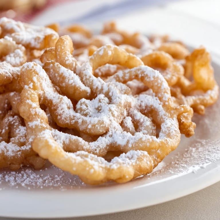 Swirling hot oil forms classic, lacy funnel cakes, a delicious American dessert.