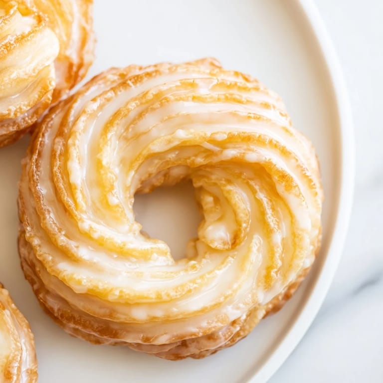 Freshly fried crullers, a classic French donut, with a delicate crust and tender, airy insides, glazed.