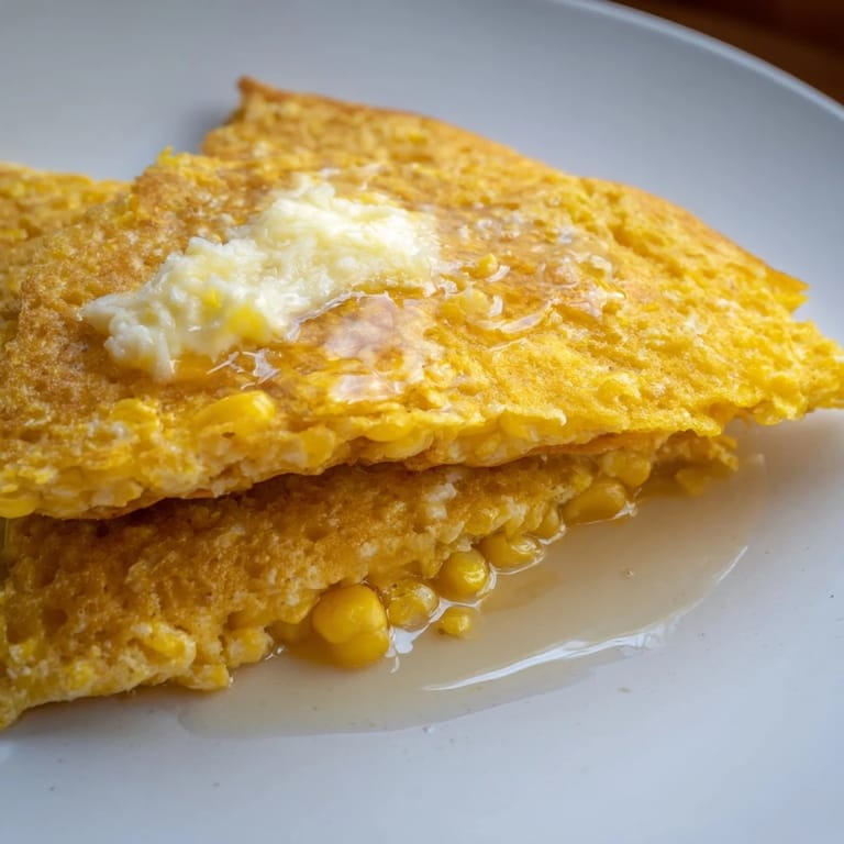 Stack of warm Corn Flapjacks, with visible corn kernels, ideal for a sweet and savory brunch.
