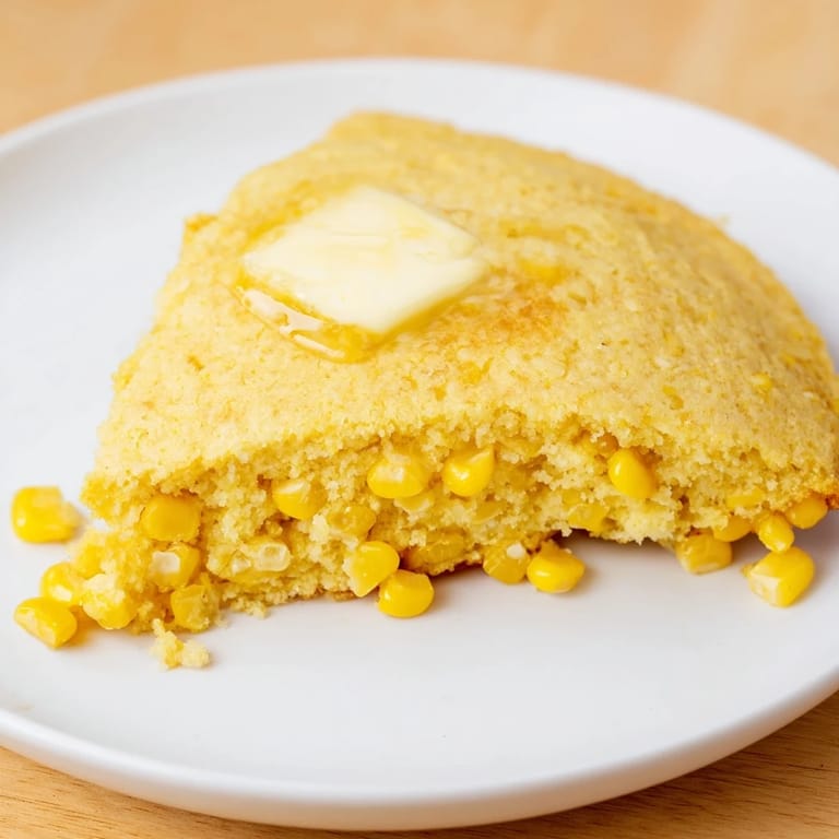 Close-up of freshly cooked Corn Flapjacks showing crispy edges and a light, airy inside with sweet corn.