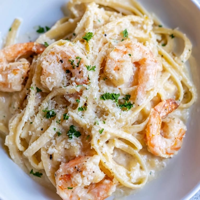 Tender shrimp rest on al dente linguine, smothered in a velvety, parmesan-spiked cream sauce—perfect for a cozy weeknight dinner.