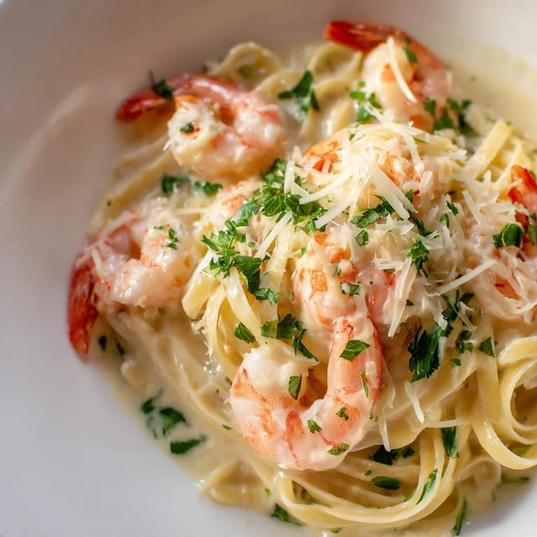 Steam rises from this Creamy Garlic Shrimp Pasta, with lemon wedges and parsley brightening the luscious, buttery sauce.