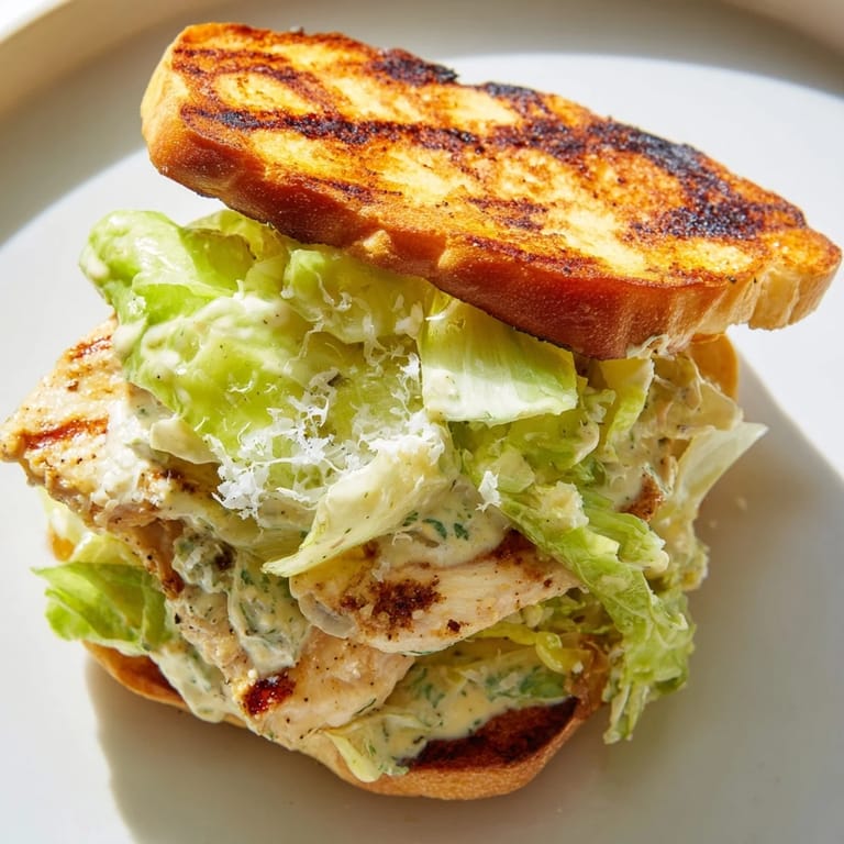 A close-up of the Caesar Chicken Sandwich stacked with juicy grilled chicken, crisp romaine, and creamy Caesar dressing on toasted buns.  