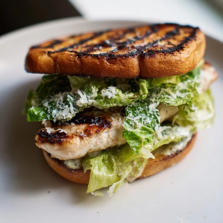 Top-down view of a Caesar Chicken Sandwich on a rustic plate, featuring melted Parmesan and fresh tomato slices beside a glass of white wine.