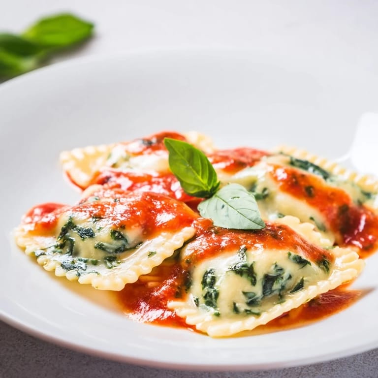 Handmade spinach ricotta ravioli tossed in vibrant marinara sauce, close-up on a rustic table.