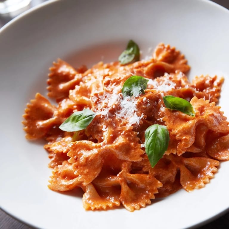 Vibrant Tomato Basil Bowtie Pasta served in a white bowl, with a creamy sauce and herbs.