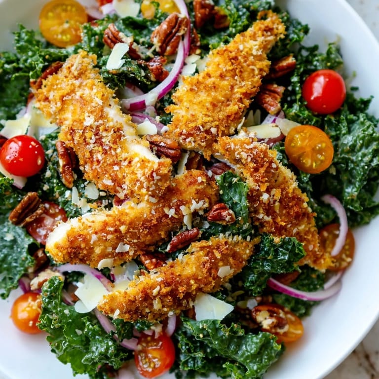 Golden chicken strips garnish the hearty Crispy Chicken Kale Salad, with cherry tomatoes and toasted nuts adding texture.