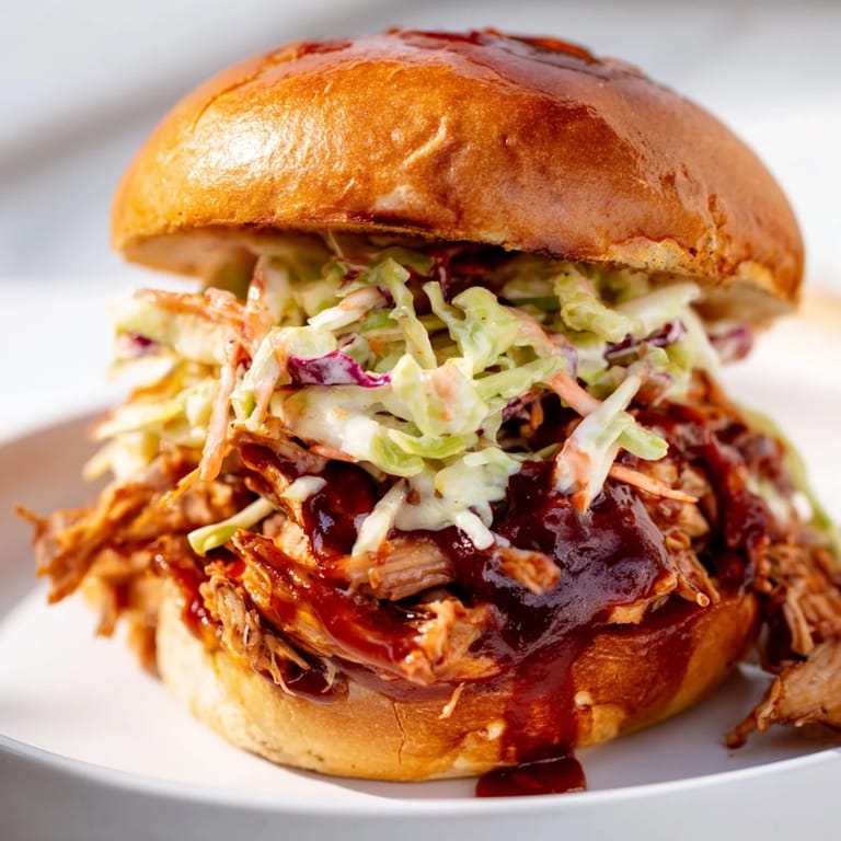 Fresh, crunchy slaw with vibrant green and purple cabbage adds a tangy contrast to the tender shredded barbecue chicken.  