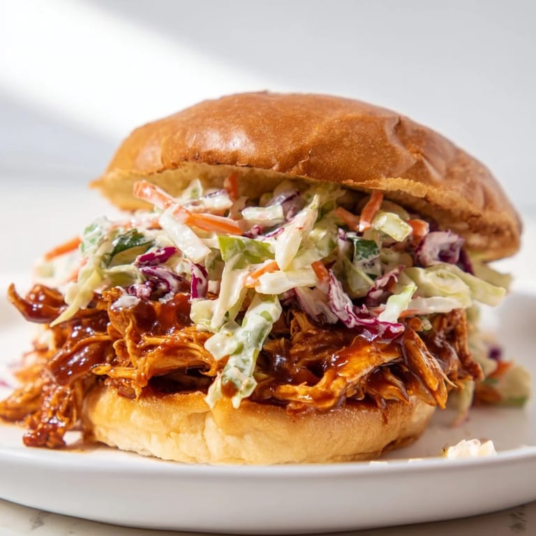 Juicy pulled barbecue chicken sandwiches stacked high, ready to be served with sweet potato fries for a complete meal.