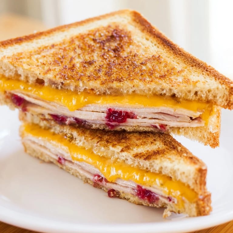 A close-up of Smoked Turkey Grilled Cheese, showing tangy cranberry spread and savory smoked turkey tucked inside crispy bread.  