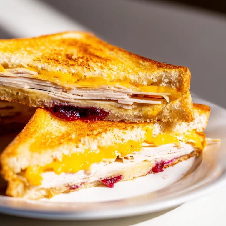 Sliced Smoked Turkey Grilled Cheese served with sweet potato fries, highlighting the melted cheese and colorful cranberry sauce spread.