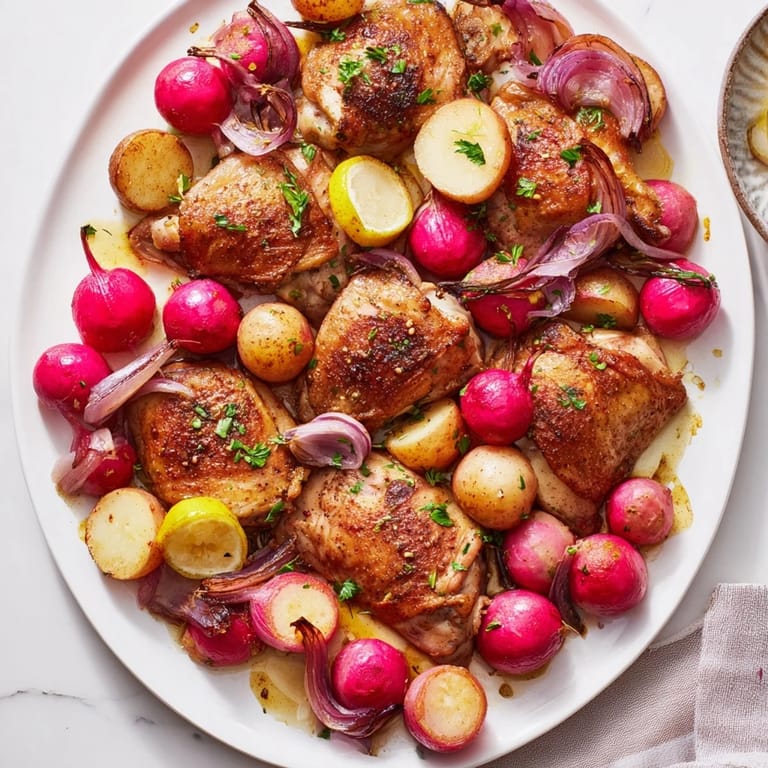 Savory chicken thighs and caramelized radishes on a sheet pan, garnished with fresh parsley and a drizzle of lemon.