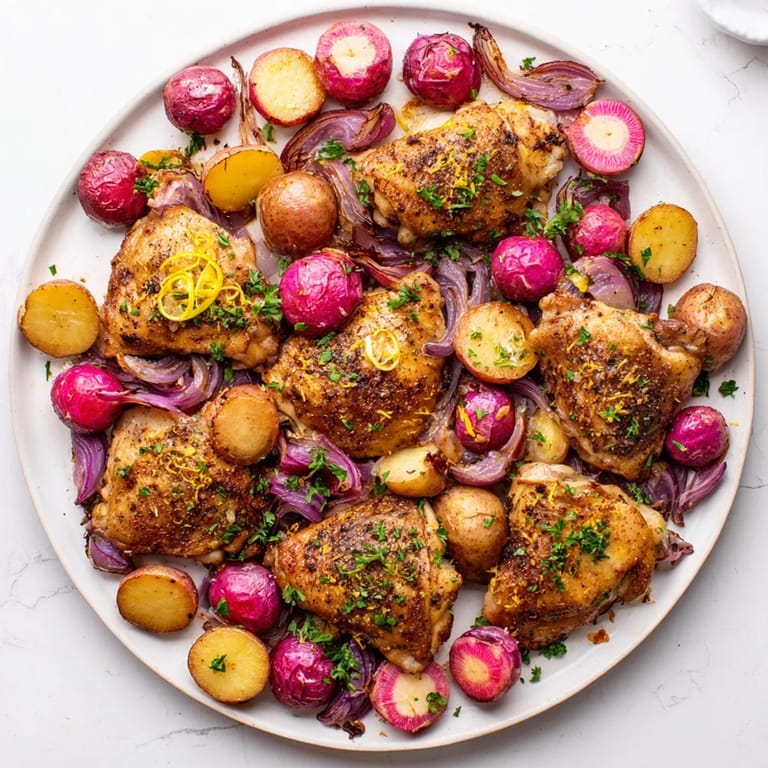 Easy roasted radish and chicken sheet pan dinner featuring juicy thighs, sweet radishes, and potatoes, perfect for weeknights.