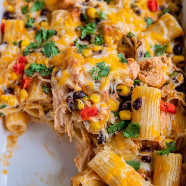 A steaming dish of Chicken Burrito Pasta Bake with shredded chicken, salsa, and Monterey Jack cheese, perfect for a family dinner.