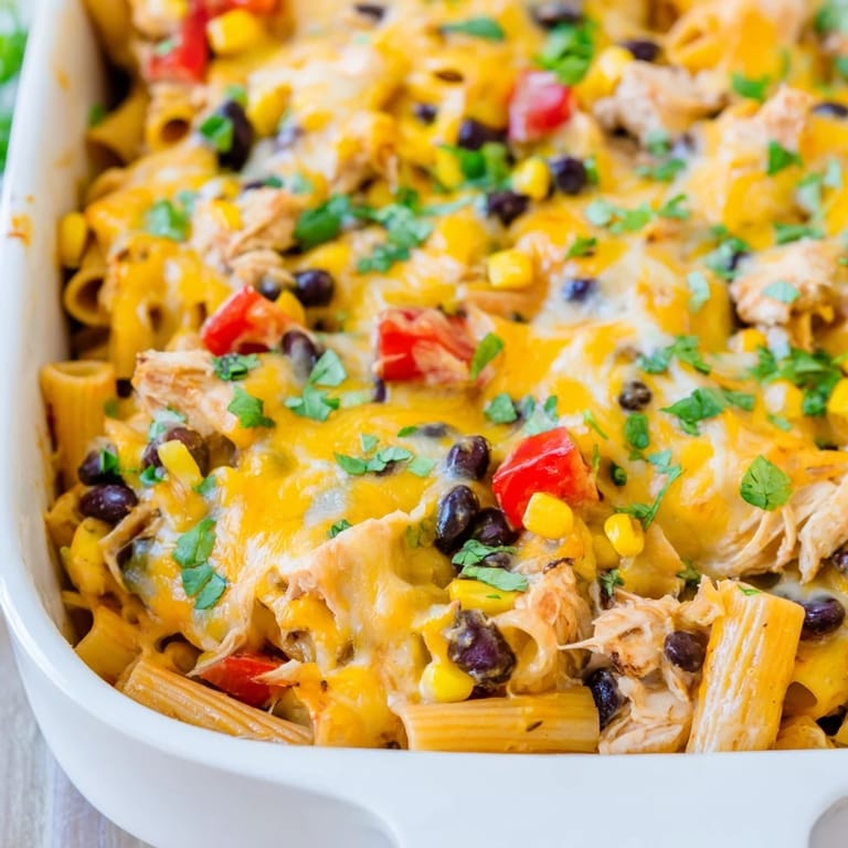 Close-up of Chicken Burrito Pasta Bake revealing gooey cheese, corn, and bell peppers in a Tex-Mex pasta casserole.