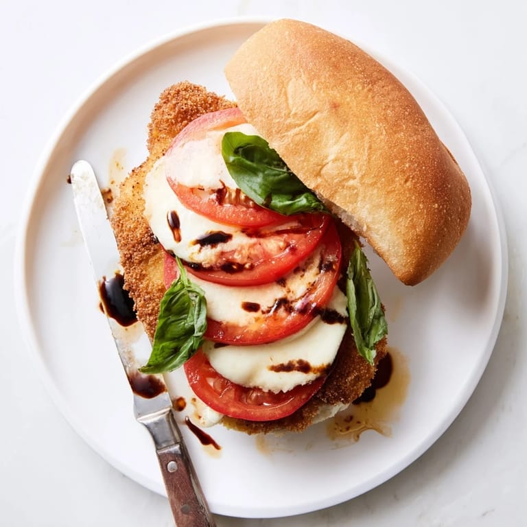 Crispy Chicken Caprese Sandwich on a rustic wooden board with a drizzle of balsamic glaze and extra virgin olive oil.