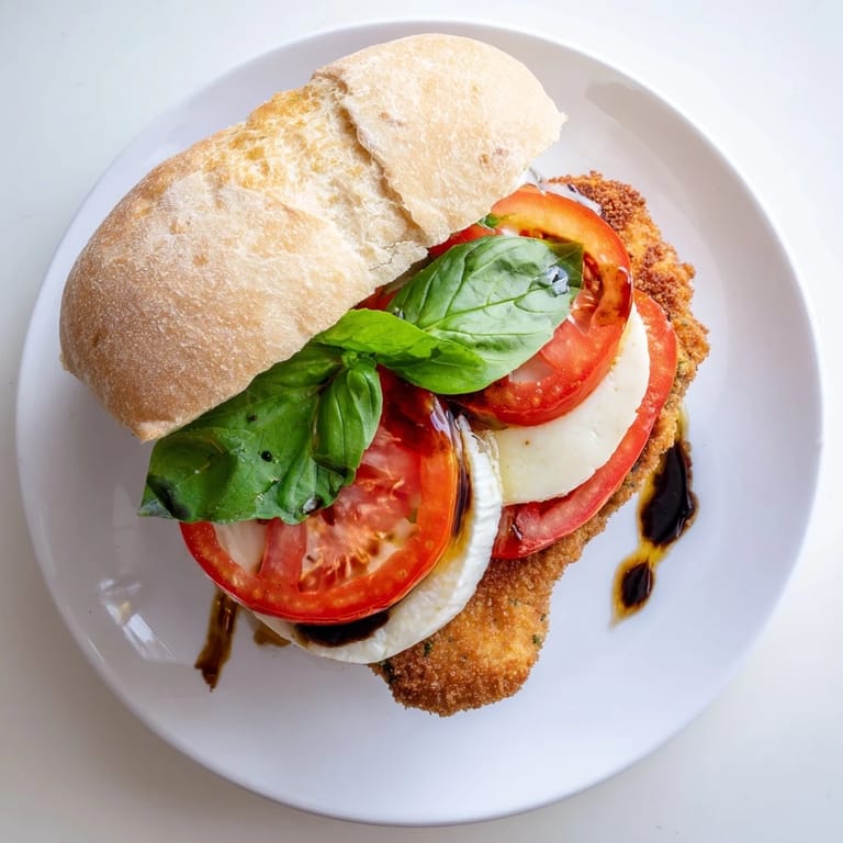 A close-up of the Crispy Chicken Caprese Sandwich showing a juicy, golden chicken breast layered with creamy mozzarella and vibrant red tomato.