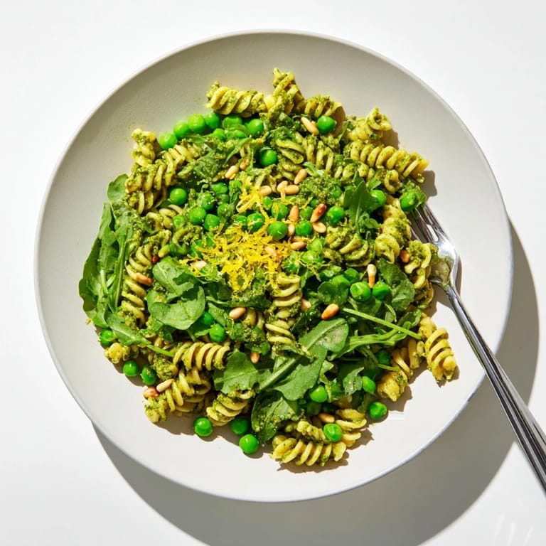 Serve this vibrant Spring Green Pesto Pasta Salad chilled, topped with crumbled feta and extra pine nuts for added crunch.